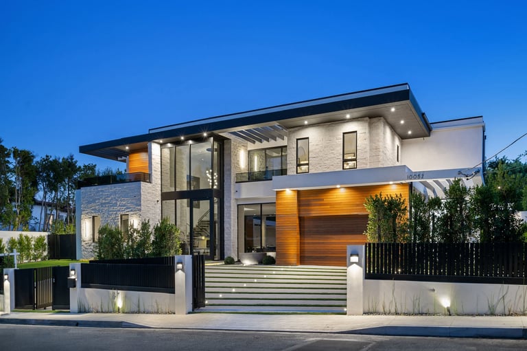 Modern luxury house exterior with permanent evening lighting