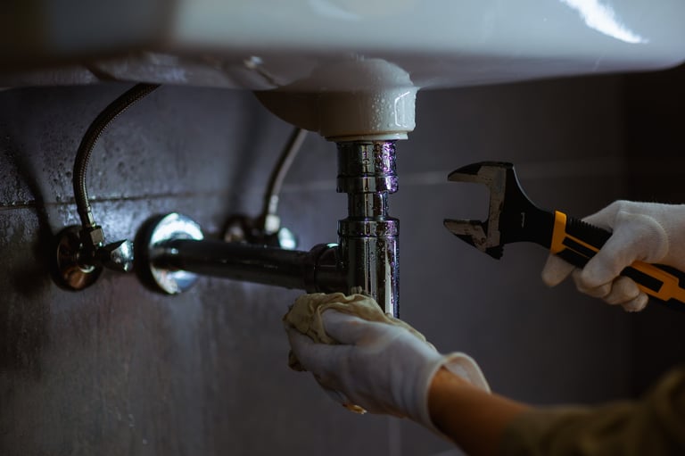 Plumbing work under a white sink with adjustable wrench