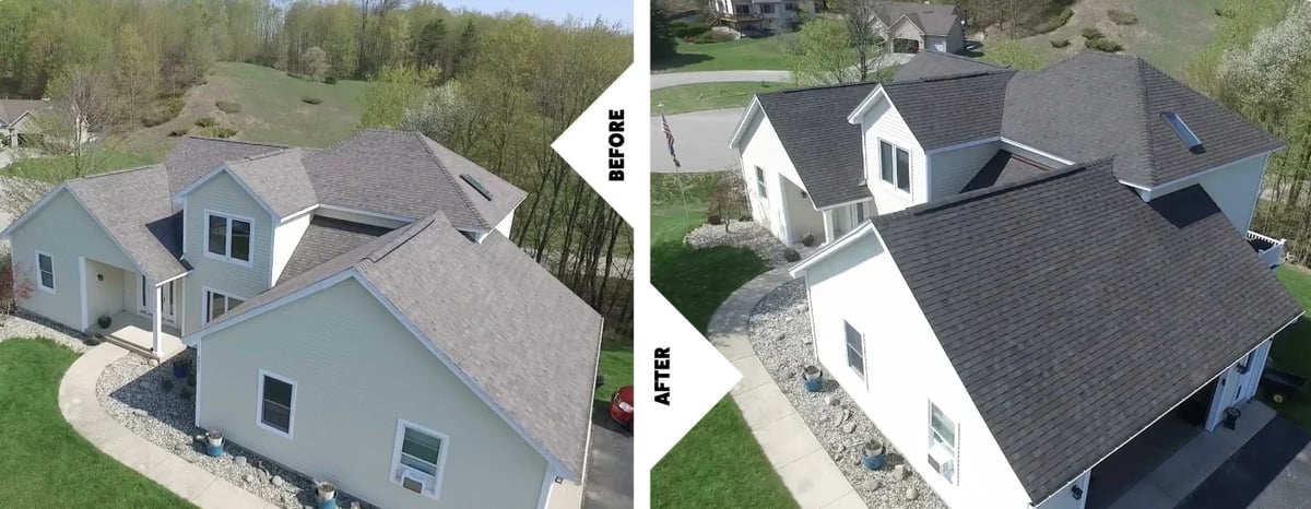 Before and after comparison of residential home roof renovation showing exterior changes from updated roofing and shingles