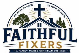 Faithful Fixers logo featuring a house with a cross, trees, and text indicating a family-owned Christian business