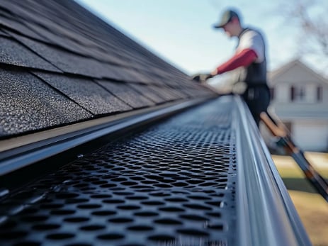 Worker maintaining a roof gutter on a residential house